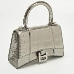 مملوكة مسبقًا Balenciaga  Hourglass XS Metallic Grey Croc Embossed Leather XS Top Handle Bag
