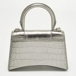 مملوكة مسبقًا Balenciaga  Hourglass XS Metallic Grey Croc Embossed Leather XS Top Handle Bag