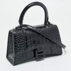 مملوكة مسبقًا Balenciaga Hourglass XS Black Croc Embossed Leather Top Handle Bag