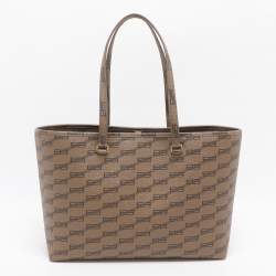 Pre Owned Balenciaga BB Medium Beige/Brown Monogram Coated Canvas Tote