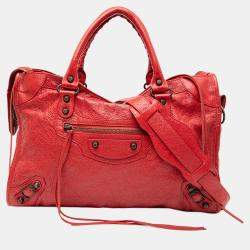 Pre Owned Balenciaga Red Lambskin Motocross Classic City Satchel