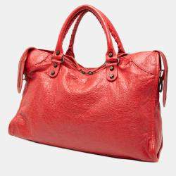 Pre Owned Balenciaga Red Lambskin Motocross Classic City Satchel