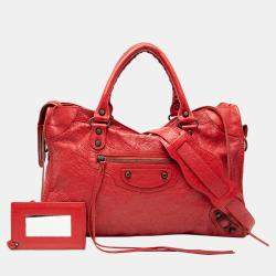 Pre Owned Balenciaga Red Lambskin Motocross Classic City Satchel