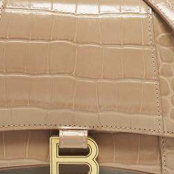 Pre Owned Balenciaga Hourglass Small Beige Croc Embossed Leather Top Handle Bag