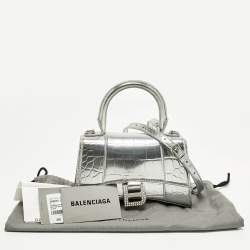 مملوكة مسبقًا Balenciaga Hourglass XS Silver Croc Embossed Leather Top Handle Bag