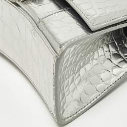 مملوكة مسبقًا Balenciaga Hourglass XS Silver Croc Embossed Leather Top Handle Bag