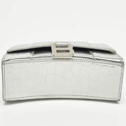 مملوكة مسبقًا Balenciaga Hourglass XS Silver Croc Embossed Leather Top Handle Bag