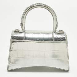 مملوكة مسبقًا Balenciaga Hourglass XS Silver Croc Embossed Leather Top Handle Bag