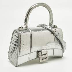مملوكة مسبقًا Balenciaga Hourglass XS Silver Croc Embossed Leather Top Handle Bag
