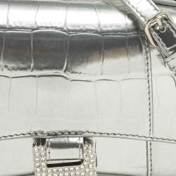 مملوكة مسبقًا Balenciaga Hourglass XS Silver Croc Embossed Leather Top Handle Bag
