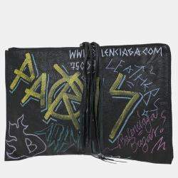 Pre Owned Balenciaga Black Lambskin Graffiti Print Clutch Bag