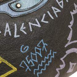 Pre Owned Balenciaga Black Lambskin Graffiti Print Clutch Bag