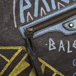 Pre Owned Balenciaga Black Lambskin Graffiti Print Clutch Bag