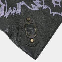 Pre Owned Balenciaga Black Lambskin Graffiti Print Clutch Bag
