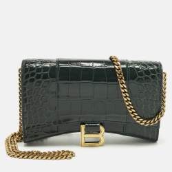 مملوكة مسبقًا Balenciaga Hourglass Green Croc Embossed Leather Wallet On Chain