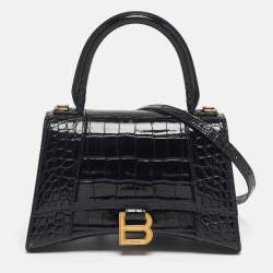 Pre Owned Balenciaga Hourglass Small Black Croc Embossed Leather Top Handle Bag
