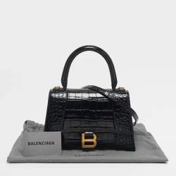 Pre Owned Balenciaga Hourglass Small Black Croc Embossed Leather Top Handle Bag