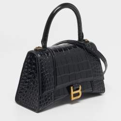 Pre Owned Balenciaga Hourglass Small Black Croc Embossed Leather Top Handle Bag