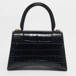 Pre Owned Balenciaga Hourglass Small Black Croc Embossed Leather Top Handle Bag