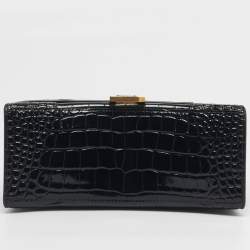 Pre Owned Balenciaga Hourglass Small Black Croc Embossed Leather Top Handle Bag