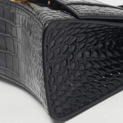 Pre Owned Balenciaga Hourglass Small Black Croc Embossed Leather Top Handle Bag