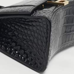 Pre Owned Balenciaga Hourglass Small Black Croc Embossed Leather Top Handle Bag