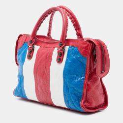 Pre Owned Balenciaga Red Small Lambskin Motocross Classic Striped City Satchel