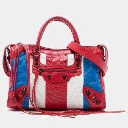 Pre Owned Balenciaga Red Small Lambskin Motocross Classic Striped City Satchel
