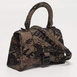 Pre Owned حقيبة بالنسياغا هورغلاس صغيرة جداً يَد علوية جلد ودانتيل أسود/عارٍ