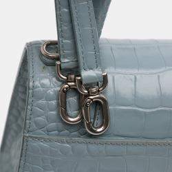Pre Owned Balenciaga Blue Small Croc Embossed Hourglass Top Handle Bag