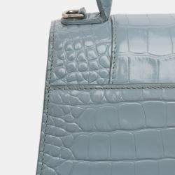 Pre Owned Balenciaga Blue Small Croc Embossed Hourglass Top Handle Bag