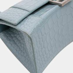 Pre Owned Balenciaga Blue Small Croc Embossed Hourglass Top Handle Bag