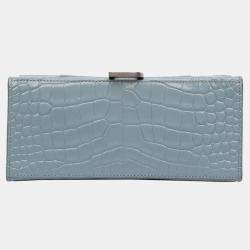 Pre Owned Balenciaga Blue Small Croc Embossed Hourglass Top Handle Bag