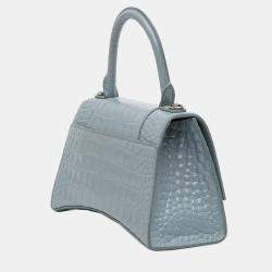 Pre Owned Balenciaga Blue Small Croc Embossed Hourglass Top Handle Bag