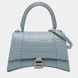 Pre Owned Balenciaga Blue Small Croc Embossed Hourglass Top Handle Bag