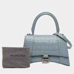 Pre Owned Balenciaga Blue Small Croc Embossed Hourglass Top Handle Bag