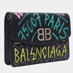 Pre Owned Balenciaga Black Leather Graffiti Crossbody Bag