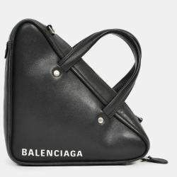 Pre Owned Balenciaga Black Leather Logo Triangle Top Handle Bag with Strap