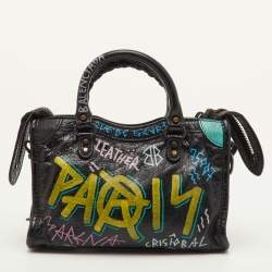 مملوكة مسبقًا Balenciaga Nano Classic City Black Leather Graffiti Print Crossbody Bag