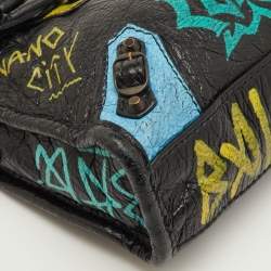 مملوكة مسبقًا Balenciaga Nano Classic City Black Leather Graffiti Print Crossbody Bag
