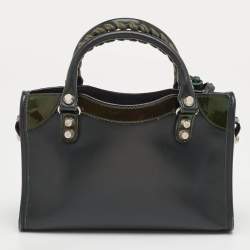 Pre Owned Balenciaga Classic Mini City Dark Green Leather and Patent Leather Bag