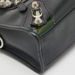 Pre Owned Balenciaga Classic Mini City Dark Green Leather and Patent Leather Bag