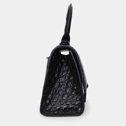Pre Owned Balenciaga Black Croc Embossed XS Hourglass Top Handle Bag with Strap