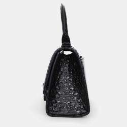 Pre Owned Balenciaga Black Croc Embossed XS Hourglass Top Handle Bag with Strap