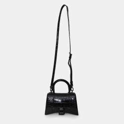 Pre Owned Balenciaga Black Croc Embossed XS Hourglass Top Handle Bag with Strap