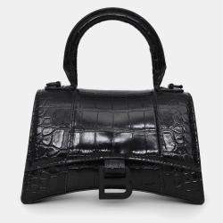 Pre Owned Balenciaga Black Croc Embossed XS Hourglass Top Handle Bag with Strap