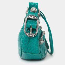 Pre Owned Balenciaga Green Leather Croc Embossed/Crystal Le Cagole Handbag
