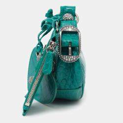 Pre Owned Balenciaga Green Leather Croc Embossed/Crystal Le Cagole Handbag