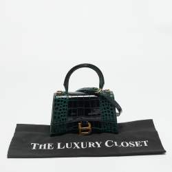 Pre Owned Balenciaga Hourglass XS Dark Green Croc Embossed Leather Top Handle Bag