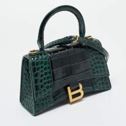Pre Owned Balenciaga Hourglass XS Dark Green Croc Embossed Leather Top Handle Bag